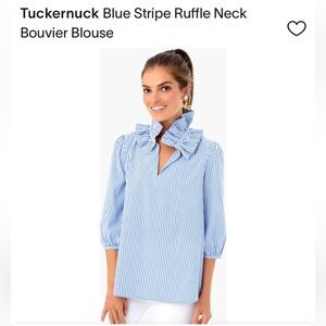 Tuckernuck Blue Stripe Ruffle Neck Bouvier Blouse